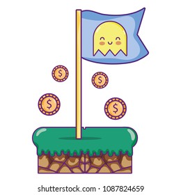 videogame graphic coins and flag with character