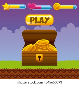 videogame interface with box with gold coins. colorful design. vector illustration