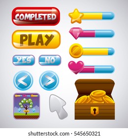 videogame interface buttons and box with gold coins over white background. colorful design. vector illustration