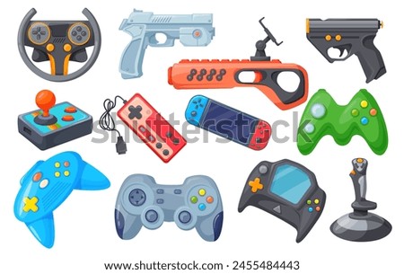 Videogame joypads. Game controller or joystick for remote control consoles arcade videogames, hipster gaming object retro video games gun gamepad, joypad neat vector illustration