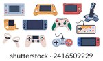 Videogame joysticks. Retro game consoles and wireless gamepads, playing controllers, electronic digital devices, accessory for gamers, gaming technology nowaday vector cartoon flat vector set