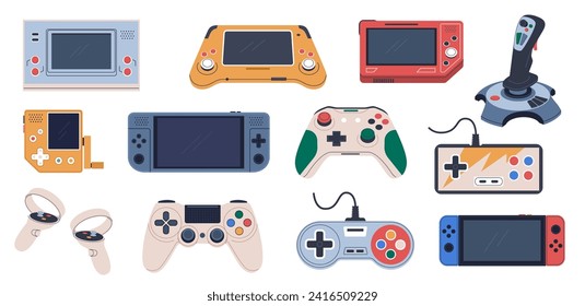 Videogame joysticks. Retro game consoles and wireless gamepads, playing controllers, electronic digital devices, accessory for gamers, gaming technology nowaday vector cartoon flat vector set