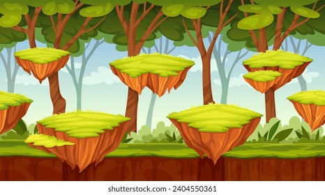 Videogame landscape. 2d video game forest background, arcade play gaming level scene with ground platforms and trees computer backdrop screen, cartoon neoteric vector illustration of videogame