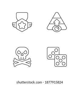 Videogame menu linear icons set. Board games, level selection, achievement and game over customizable thin line contour symbols. Isolated vector outline illustrations. Editable stroke
