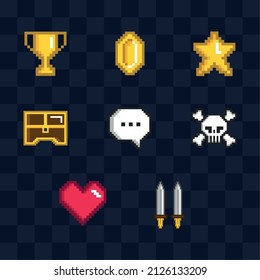 videogame pixel icon set on blue background