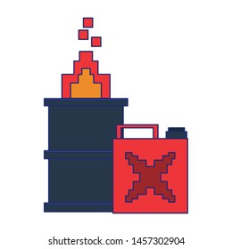 Videogame pixelated barrel in fire with fuel can vector illustration graphic design