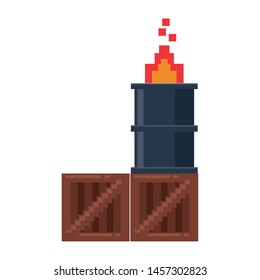 Videogame pixelated barrel in fire on boxes scenery vector illustration graphic design