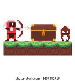 Videogame pixelated character in scenery ninja with shooting with arch to enemy vector illustration graphic design