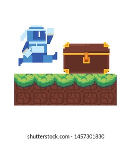 Videogame pixelated character in scenery ninja jumping chest vector illustration graphic design