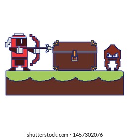 Videogame pixelated character in scenery ninja with shooting with arch to enemy vector illustration graphic design