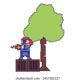 Videogame pixelated character shooting on wooden boxes vector illustration graphic design