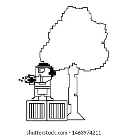 Videogame pixelated character shooting on wooden boxes vector illustration graphic design
