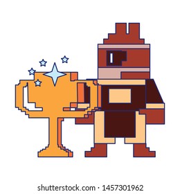Videogame pixelated character with trophy cup vector illustration graphic design