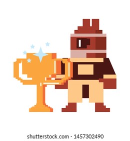 Videogame pixelated character with trophy cup vector illustration graphic design