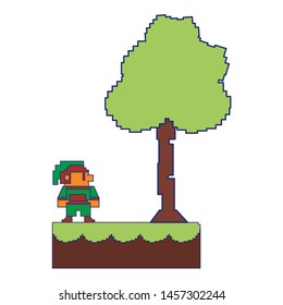 Videogame pixelated elf character in landscape scenery vector illustration graphic design