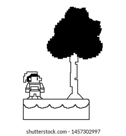 Videogame pixelated elf character in landscape scenery vector illustration graphic design