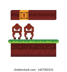 Videogame pixelated enemies characters in scenery with flotating wooden boxes vector illustration graphic design