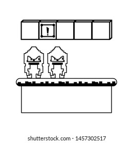 Videogame pixelated enemies characters in scenery with flotating wooden boxes vector illustration graphic design