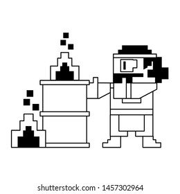 Videogame pixelated gangster character with barrel in fire isolated vector illustration graphic design