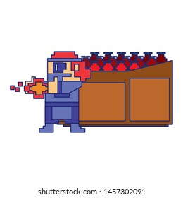 Videogame pixelated gangster character shooting and tomatos in shelf isolated vector illustration graphic design