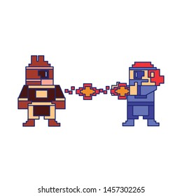 Videogame pixelated gangster character shooting to enemy isolated vector illustration graphic design