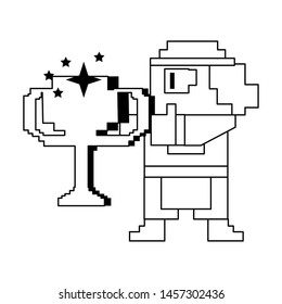 Videogame pixelated gangster character with trophy cup isolated vector illustration graphic design