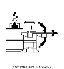 Videogame pixelated ninja with arch and barrel in fire vector illustration graphic design