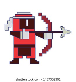 Videogame pixelated ninja character with arch symbol vector illustration graphic design