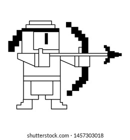 Videogame pixelated ninja character with arch symbol vector illustration graphic design