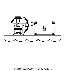 Videogame pixelated ninja character and chest in scenery vector illustration graphic design
