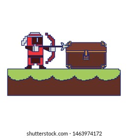 Videogame pixelated ninja character and chest in scenery vector illustration graphic design