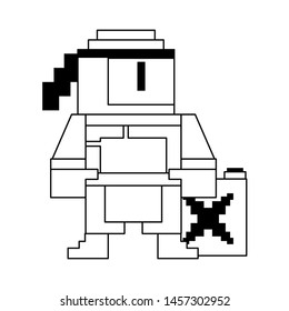 Videogame pixelated ninja character with fuel can vector illustration graphic design