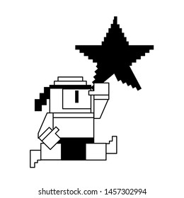 Videogame pixelated ninja character jumping to star vector illustration graphic design