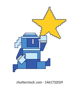 Videogame pixelated ninja character jumping to star vector illustration graphic design