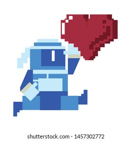 Videogame pixelated ninja character with life symbol vector illustration graphic design