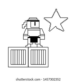 Videogame pixelated ninja character on boxes with star vector illustration graphic design