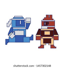 Videogame pixelated ninjas characters fighting vector illustration graphic design