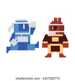 Videogame pixelated ninjas characters fighting vector illustration graphic design