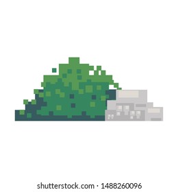 videogame pixelated retro art digital entertainment, bush with rock cartoon vector illustration graphic design