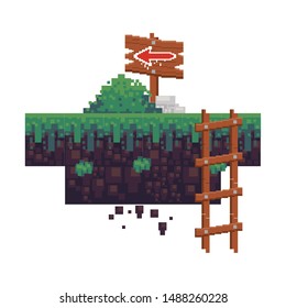 videogame pixelated retro art digital entertainment, wooden arrow direction sign with stair cartoon vector illustration graphic design