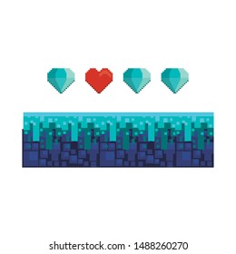 videogame pixelated retro art digital entertainment, diamonds with heart isolated cartoon vector illustration graphic design
