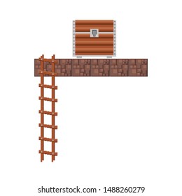 videogame pixelated retro art digital entertainment, wooden coffer and stair cartoon vector illustration graphic design