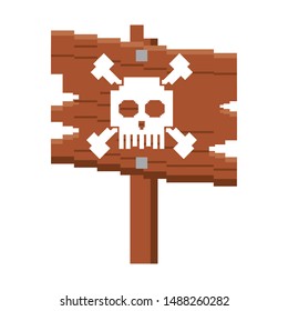 videogame pixelated retro art digital entertainment, wooden skull sign cartoon vector illustration graphic design