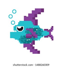videogame pixelated retro art digital entertainment, fish isolated cartoon vector illustration graphic design
