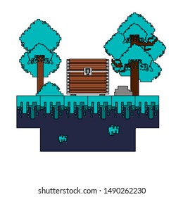 videogame pixelated retro art digital entertainment, wooden coffer in middle of trees cartoon vector illustration graphic design