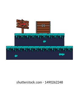 videogame pixelated retro art digital entertainment, wooden arrow direction sign with coffer cartoon vector illustration graphic design