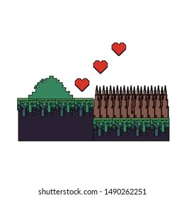 videogame pixelated retro art digital entertainment, hearts with wooden fence cartoon vector illustration graphic design