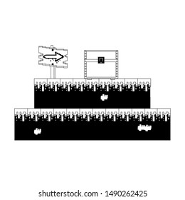 videogame pixelated retro art digital entertainment, wooden arrow direction sign with coffer cartoon vector illustration graphic design