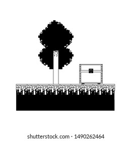 videogame pixelated retro art digital entertainment, wooden coffer and tree cartoon vector illustration graphic design