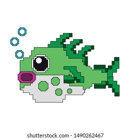 videogame pixelated retro art digital entertainment, fish isolated cartoon vector illustration graphic design